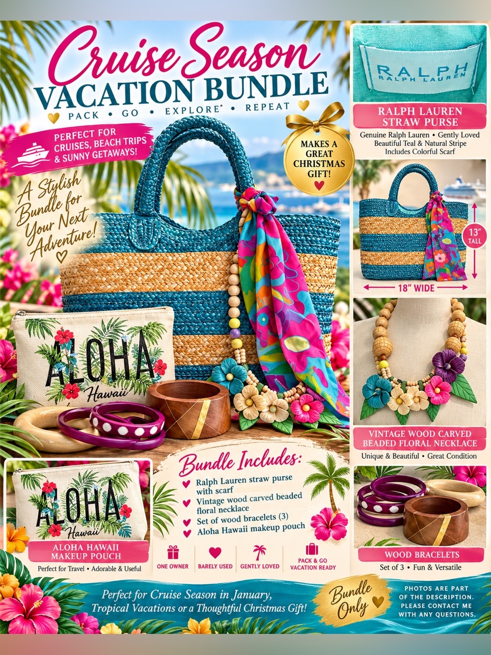 Ralph Lauren Tropical Cruise Vacay Bundle – Straw Bag, Vintage Wood Jewelry 🌺